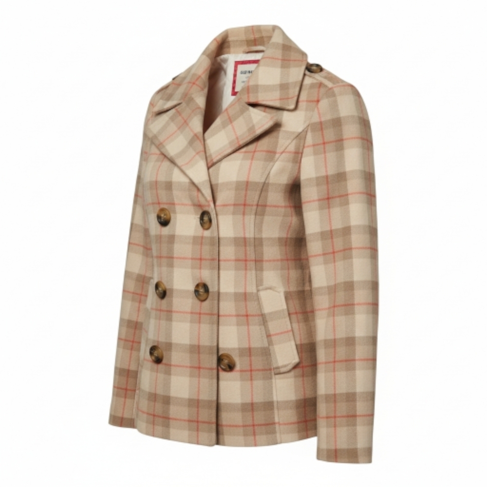 Old Navy Beige and Red Plaid Pea Coat